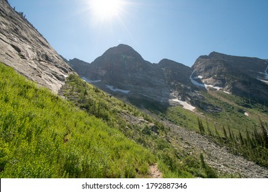 Steep Rocky Slope And Slide In Valhalla Provincial Park, West Kootenays, BC, Bright Sun In The Frame.