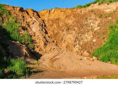Steep sandy slopes of an open-pit quarry with eroded soil textures and patches of green grass under a clear blue sky, viewed from a low angle perspective