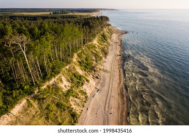 Steep shore with trees in sunny summer evening. Photographed from above. Labrags, Latvia.