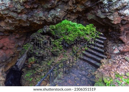 Steep staircase leading to gruta das torres cave at Pico island, Azores, Portugal. Stock foto © 