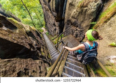 Steep Stairs In Bohemian-Saxon Switzerland Hiking Area, Germany