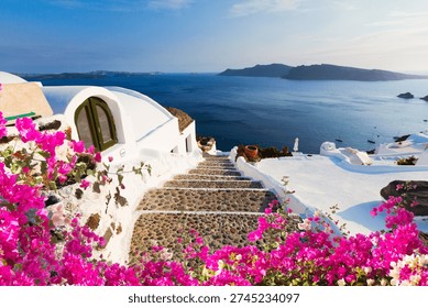steep stone steps to the deep blue sea, beautiful details of Santorini island, Greece