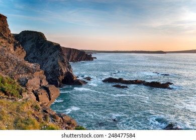 Steep Treacherous Cliffs On The South West Coast Path Just West Of Longcarrow Cove Near Padstow On The North Coast Of Cornwall