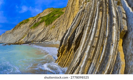 Steeply-tilted Layers of Flysch, Flysch Cliffs, Itzurun Beach, Flysch Coast, Basque Coast Geopark, Basque Coast UNESCO Global Geopark, European Geopark Network, Zumaia, Guipúzcoa, Basque Country, Spain, Europe