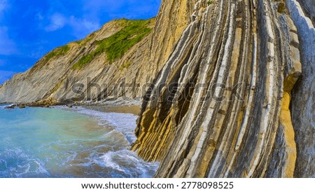 Steeply-tilted Layers of Flysch, Flysch Cliffs, Itzurun Beach, Flysch Coast, Basque Coast Geopark, Basque Coast UNESCO Global Geopark, European Geopark Network, Zumaia, Guipúzcoa, Basque Country, Spain, Europe