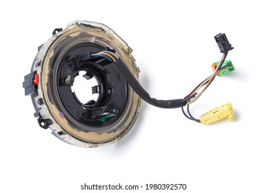  Steering Column Cable Disassembled On A White Isolated Background, Spare Part For Car Repair Or For Sale At Junk Yard.