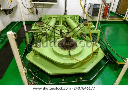 Steering gear. Rudder machine. Hydraulic pump. Marine engine. Steering room on big vessel.