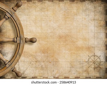 steering wheel and blank vintage nautical map background - Shutterstock ID 258640913