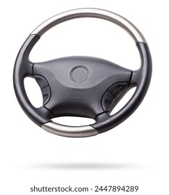 Steering wheel for car and truck isolated on white background. Automobile vehicle part or equipment. Round modern style consist of black leather and aluminum. For driver to driving control and tuning.