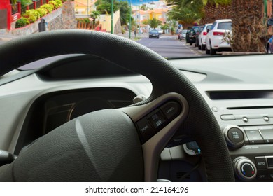 steering wheel, close up view inside out of car