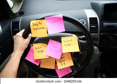 Steering Wheel Covered In Notes As A Reminder Of Errands To Do