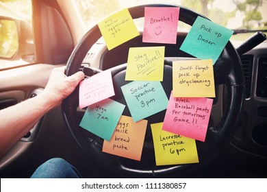 Steering Wheel Covered In Notes As A Reminder Of Errands To Do