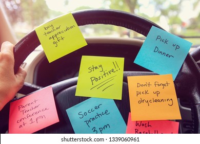 Steering Wheel Covered In Notes As A Reminder Of Errands To Do