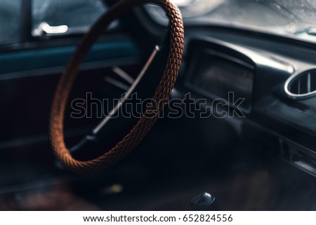 steering wheel and interior of vintage car