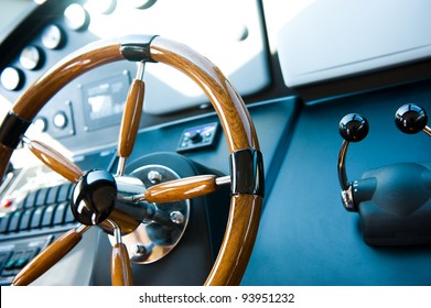 Steering Wheel On A Luxury Yacht.