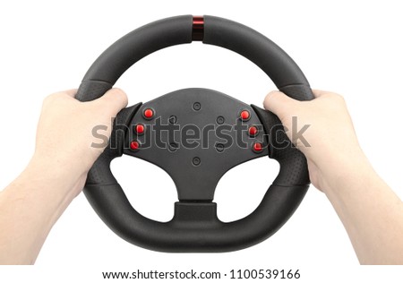 a steering wheel for racing, a controller similar to a car steering wheel, holding hands, isolated on white