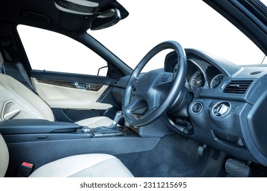 Steering wheel, shift lever, dashboard, speedometer display. Modern car interior - Shutterstock ID 2311215695