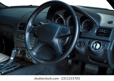 Steering wheel, shift lever, dashboard, speedometer display. Modern car interior - Shutterstock ID 2311215703