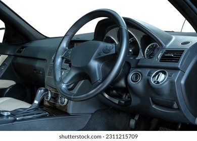 Steering wheel, shift lever, dashboard, speedometer display. Modern car interior - Shutterstock ID 2311215709