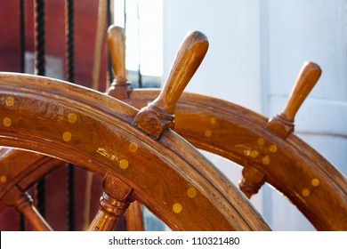 Steering Wheels Of An Old Sailing Ship.  Close Up Detail Of The USS Constitution, Docked In Boston, MA