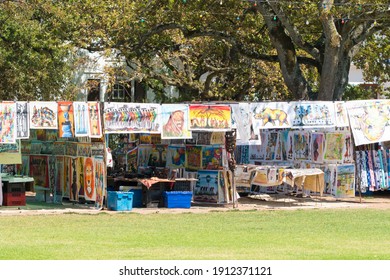 Stellenbosch, South Africa - February 12, 2020:  View Of A Street Market And Stalls Selling Traditional African Souvenirs And Artwork With No People