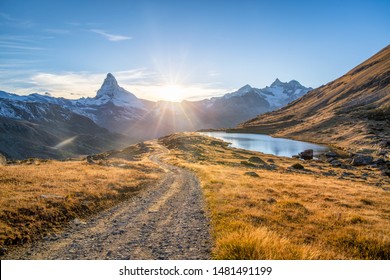 Stellisee and Matterhorn mountain in the Swiss Alps, Switzerland