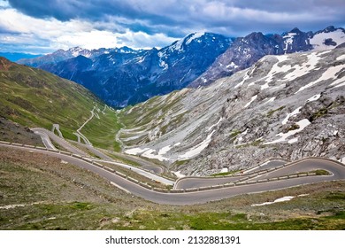 Stelvio mountain pass or Stilfser Joch scenic road serpentines view, border of Italy and Switzerland