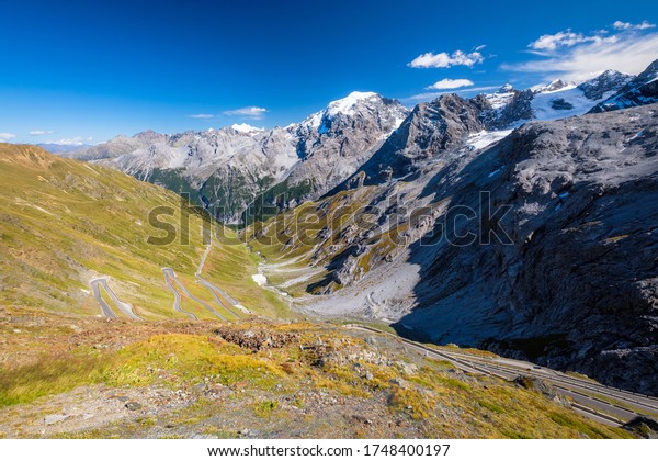 The Stelvio Pass is a mountain pass in the Ortler\
alps in South Tyrol (Northern Italy) and connects to the Swiss\
Umbrail pass towards the Val Müstair. It has a total of\
seventy-five hairpin turns