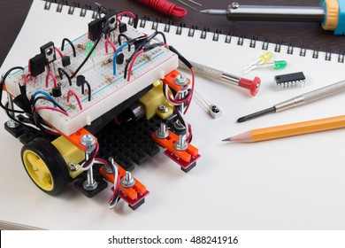 STEM Or DIY Electronic Kit , Line Tracking Robot Competition Ideas. Closeup.