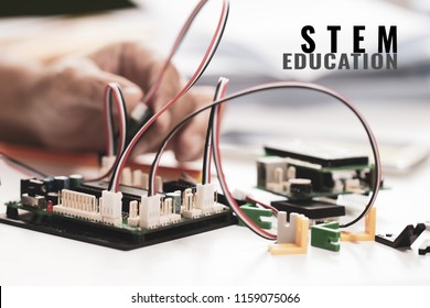 STEM Education for Learning, Electronic board for be program by robotics electronics in laboratory in school. Concept of Mathematics, engineering, science, technology for innovation in classroom