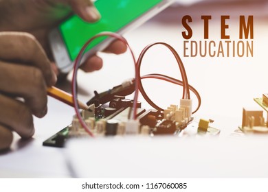 STEM Education for Learning, Electronic board for be program by robotics electronics in laboratory in school. Concept of Mathematics, engineering, science, technology for innovation in classroom