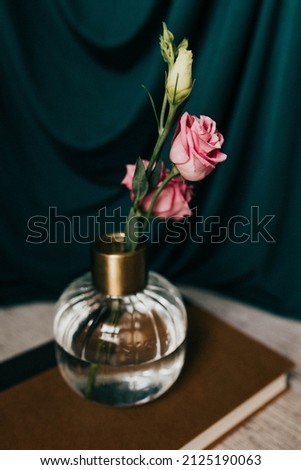 Stem of pink mini roses in bud vase on book against teal backdrop