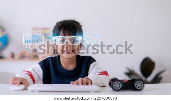 STEM school kids learning\
education technology building robot car creative ideas construction\
development programming analysis, graphical icons UI\
screen