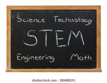 STEM Science Technology Engineering Math Written In White Chalk On A Black Chalkboard Isolated On White