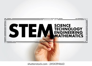 STEM Science, Technology, Engineering, Mathematics - broad term used to group together these academic discipline, acronym text concept stamp