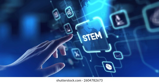 STEM Science, Technology, Engineering, and Mathematics Education, projection on a virtual screen, Business and Technology Concept.