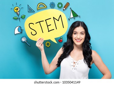 STEM With Young Woman Holding A Speech Bubble