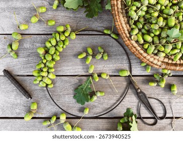 Step 2. Attach acorns to the frame by tying their stems or gluing them onto the twine base. Work your way around the circle, placing acorns close together. Step by step DIY concept.