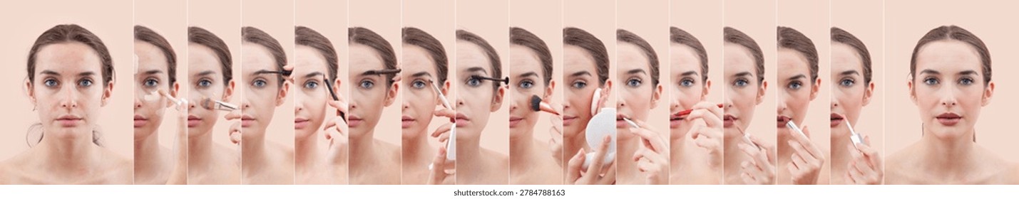 Step by step beauty tutorial collage showing a young woman applying makeup, from bare skin to final look. Ideal for cosmetics, skin care, and beauty guides.