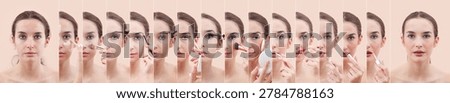 Step by step beauty tutorial collage showing a young woman applying makeup, from bare skin to final look. Ideal for cosmetics, skin care, and beauty guides.