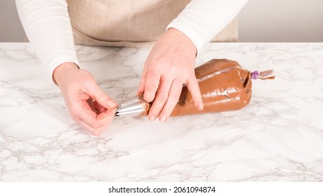 Step By Step. Chocolate Ganache Frosting In A Piping Bag With A Metal Tip.