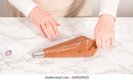 Step By Step. Chocolate Ganache Frosting In A Piping Bag With A Metal Tip.