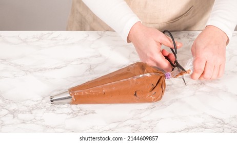 Step By Step. Chocolate Ganache Frosting In A Piping Bag With A Metal Tip.