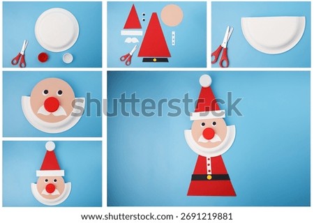 Step by step Christmas craft tutorial showing assembly Santa Claus figure. DIY cardboard, and bottle caps on blue background. Flat lay with copy space. Christmas and winter holiday craft concept