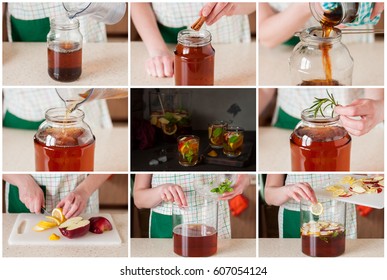 A Step By Step Collage Of Making Apple,  Lemon And Mint Iced Tea