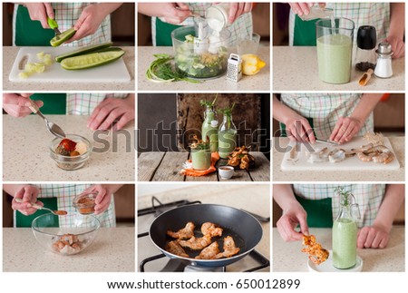 A Step by Step Collage of Making Chilled Cucumber Soup with Butterfly Cajun Prawns