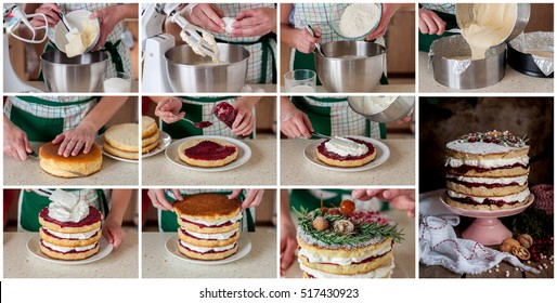 A Step By Step Collage Of Making Christmas Layered Cake With Raspberry Jam And Whipped Cream, Victoria Sponge