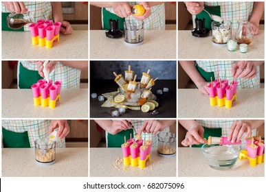 A Step By Step Collage Of Making Lemon Iced Tea Cheesecake Popsicles, Ice Cream Lollies