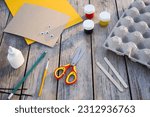 Step by step diy process. Step 1- preparation tools for handmade craft a honey bee toy from a cardboard egg tray. Creativity, crafting. Zero waste concept.