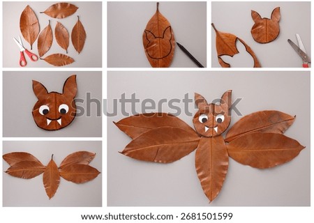 Step by step DIY tutorial of bat craft made from dried brown leaves with scissors and marker on light background. Flat lay composition. Halloween decoration and autumn craft concept for design